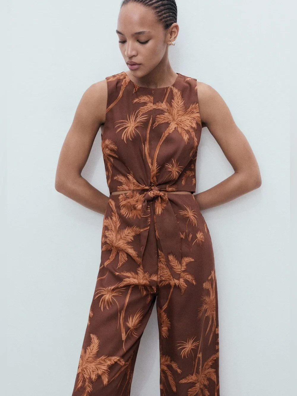 Mango Brown Palm-Print jumpsuit with cut-out and knot detail NWT